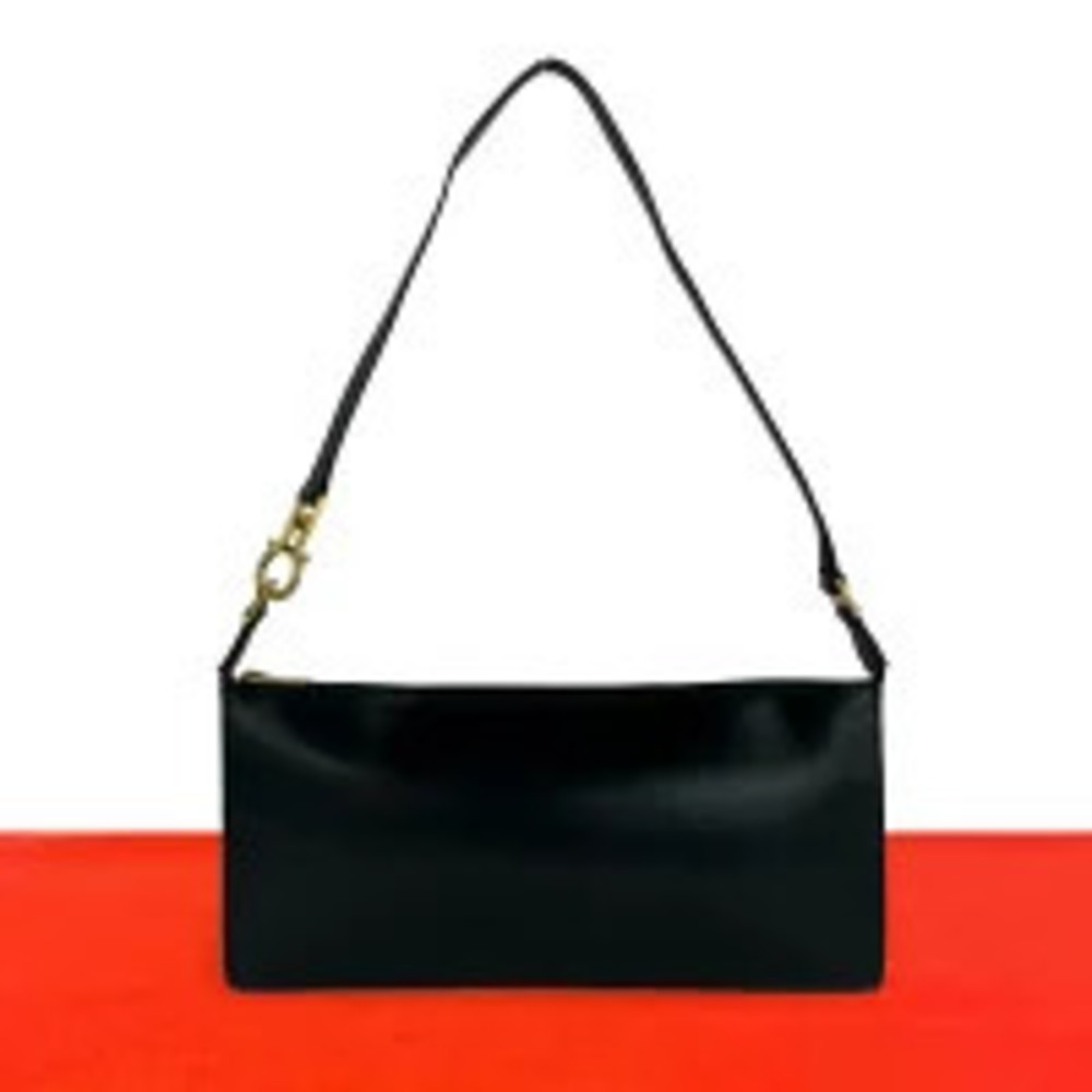 Salvatore Ferragamo Gancini Leather Semi Hobo Shoulder Bag Black